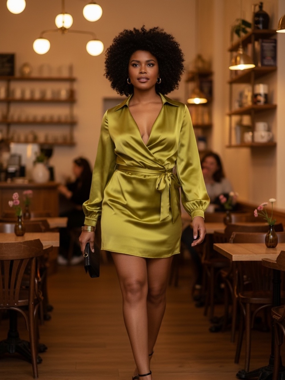 Satin Olive Green Dress with Cowl Neck & Tie Belt